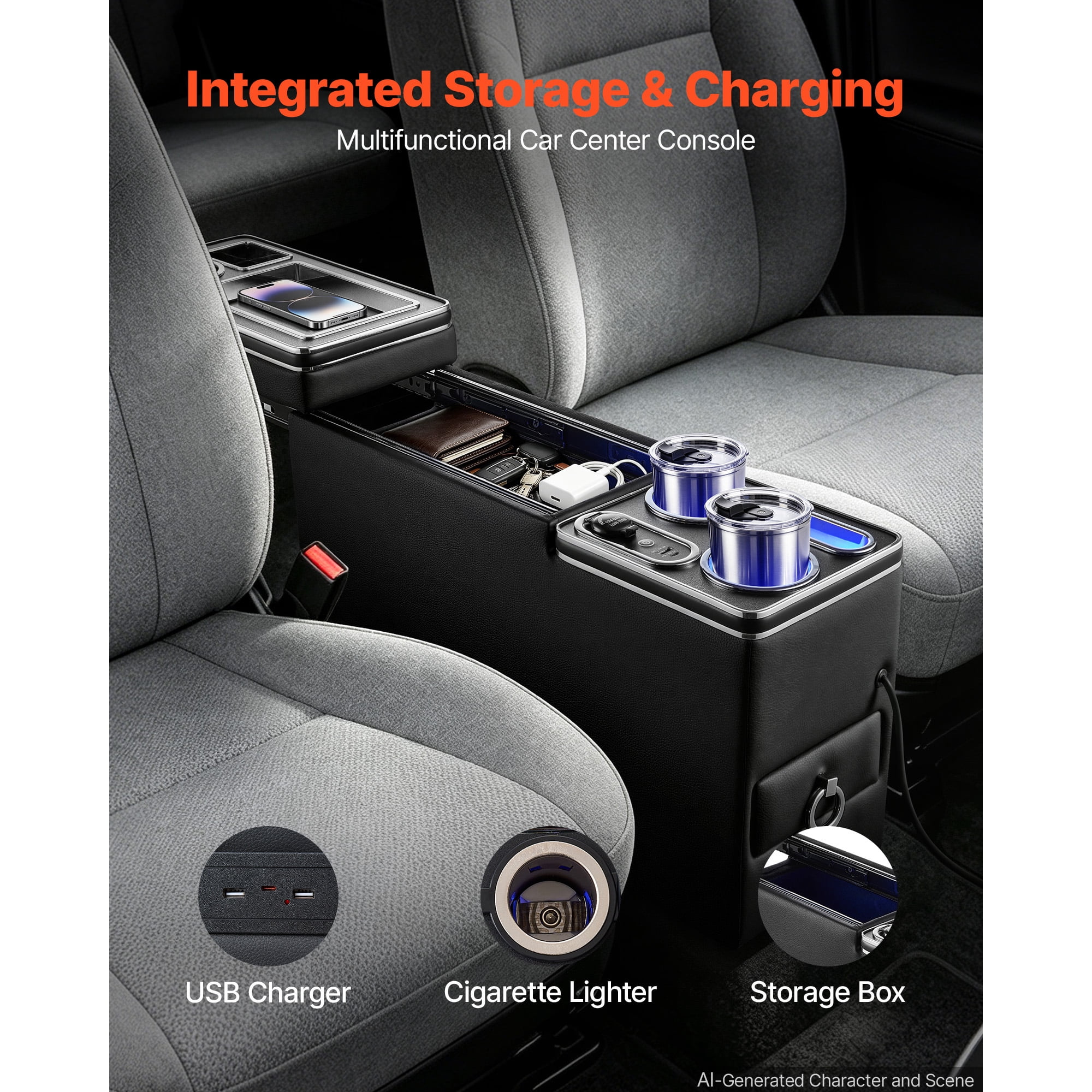KFFKFF Center Console Storage Box with 7-Color Ambient Lighting, USB/Type-C/Cigarette Lighter Ports, Floor Organizer with Cup and Phone Holders for Trucks, SUVs, and Minivans