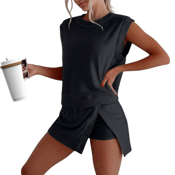 Women'S Shorts Suit Women'S Summer Casual Shorts Suit Sleeveless Top And Shorts Two Piece Set Comfortable Outfit For Daily Outdoor Campus Black S