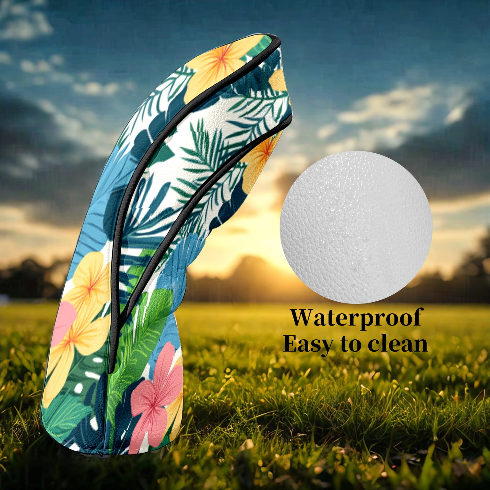 Golf Head Covers for Woods and Driver Waterproof Leather Golf Club Head Covers for Women Men Golf Driver Fairway Wood Headcover Tropical Floral Seamless Pattern