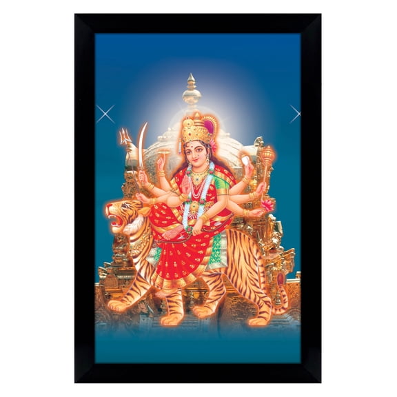 IBA Indianbeautifulart Goddess Durga On Her Ride Lion Poster With Frame Wall God Photo Frame Holy Hindu Religious Poster Home Decor Ready To Hang Wooden Frame