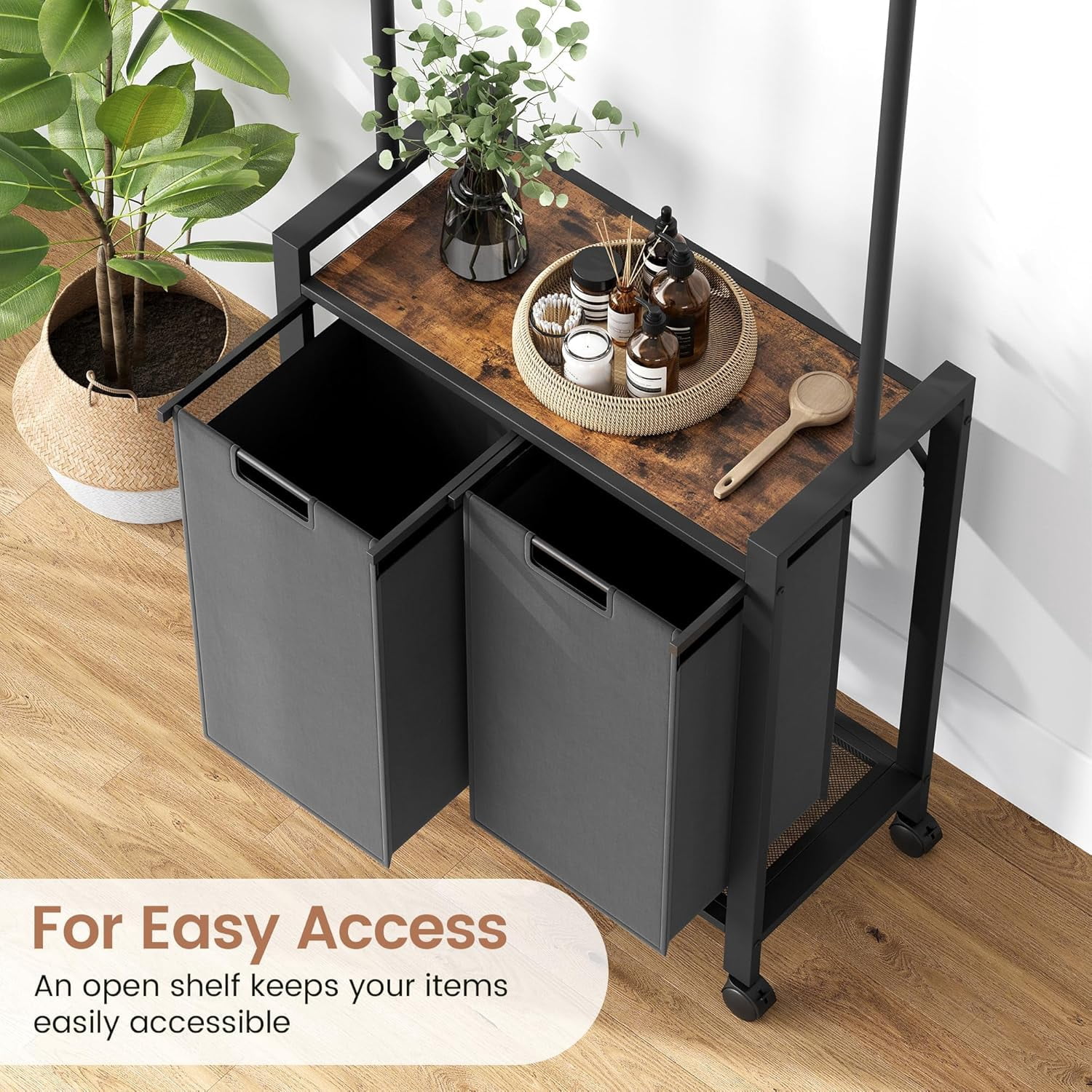 Laundry Hamper Sorter with Retractable Hanging Rod & Locking Wheels - Heavy Duty Laundry Room Organizer with Shelf，2 Hamper