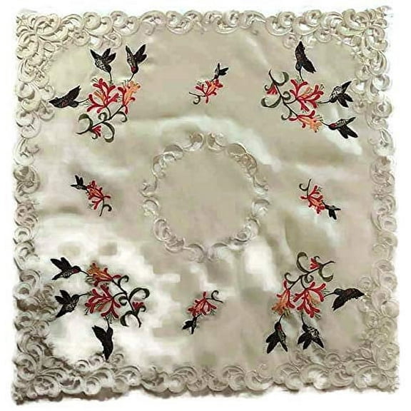 Doily Boutique Tablecloth or Table Topper Square Embroidered with Hummingbirds on Ivory Fabric, Size 34 inches