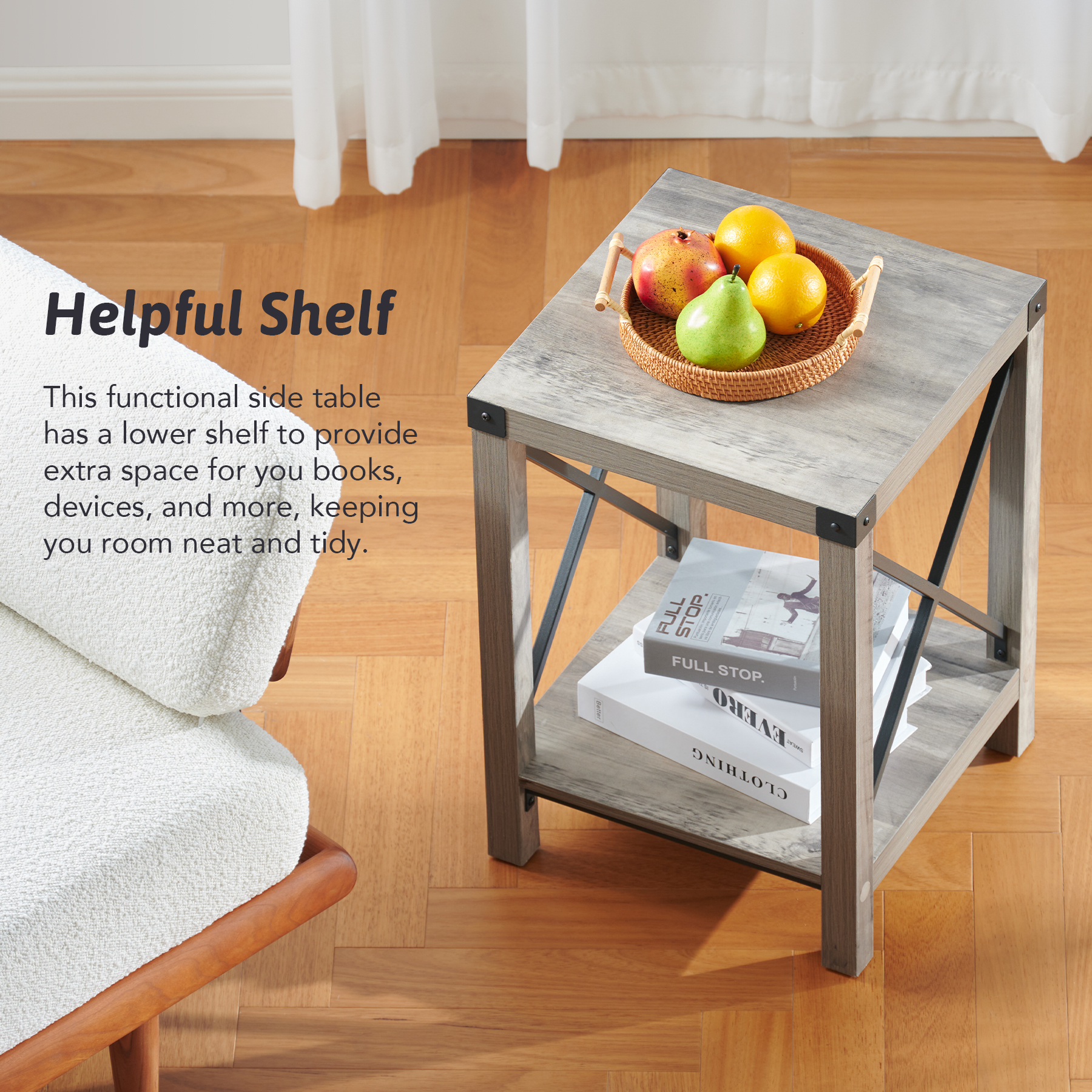 Bestco Side Table 16" Farmhouse End Table Nightstand w Shelf & Metal Frames, Driftwood