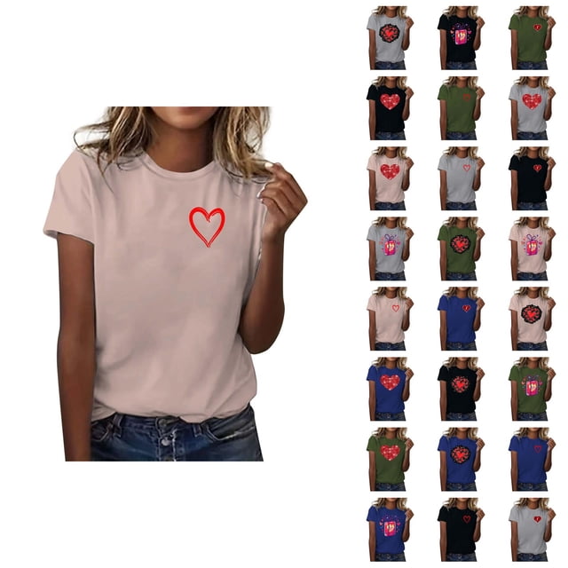 T-shirt Femme Saint-Valentin 2026 Mode Manches Courtes Col Rond Cœur Graphique