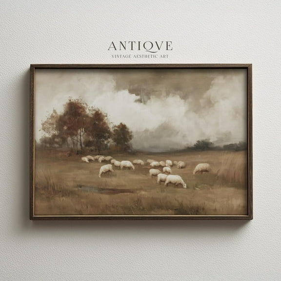 Sheep In Field Art, Rustic Farmhouse Landscape Poster, Neutral Country Wall Art, 2961_H Home Decor, 8x12 UNFRAMED