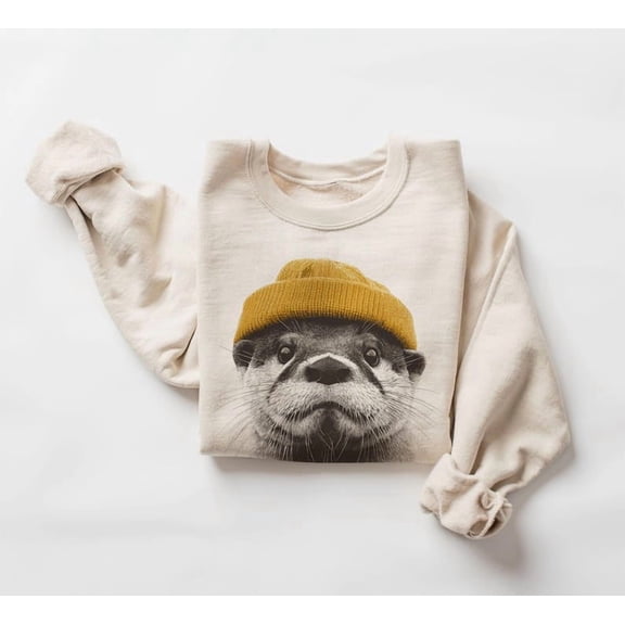 Retro River Otter Wearing Beanie Sweatshirt, Otter Sweatshirt - Sizes S-5XL ,Art Print JSC