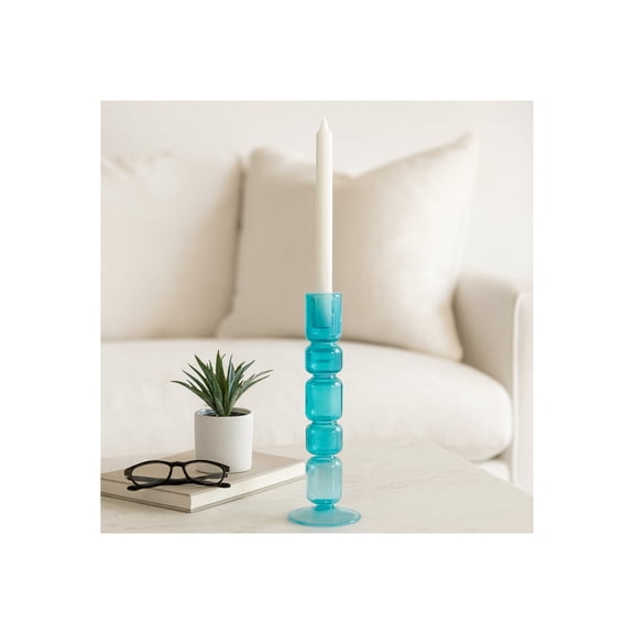 Decorative Bubble Taper Candle Holder for Home Decor - Contemporary Smoked Glass Candlestick Holder for Table Centerpieces - Sleek Candle Stand Holder for Entryway or Living Room Decor - 10", Blue