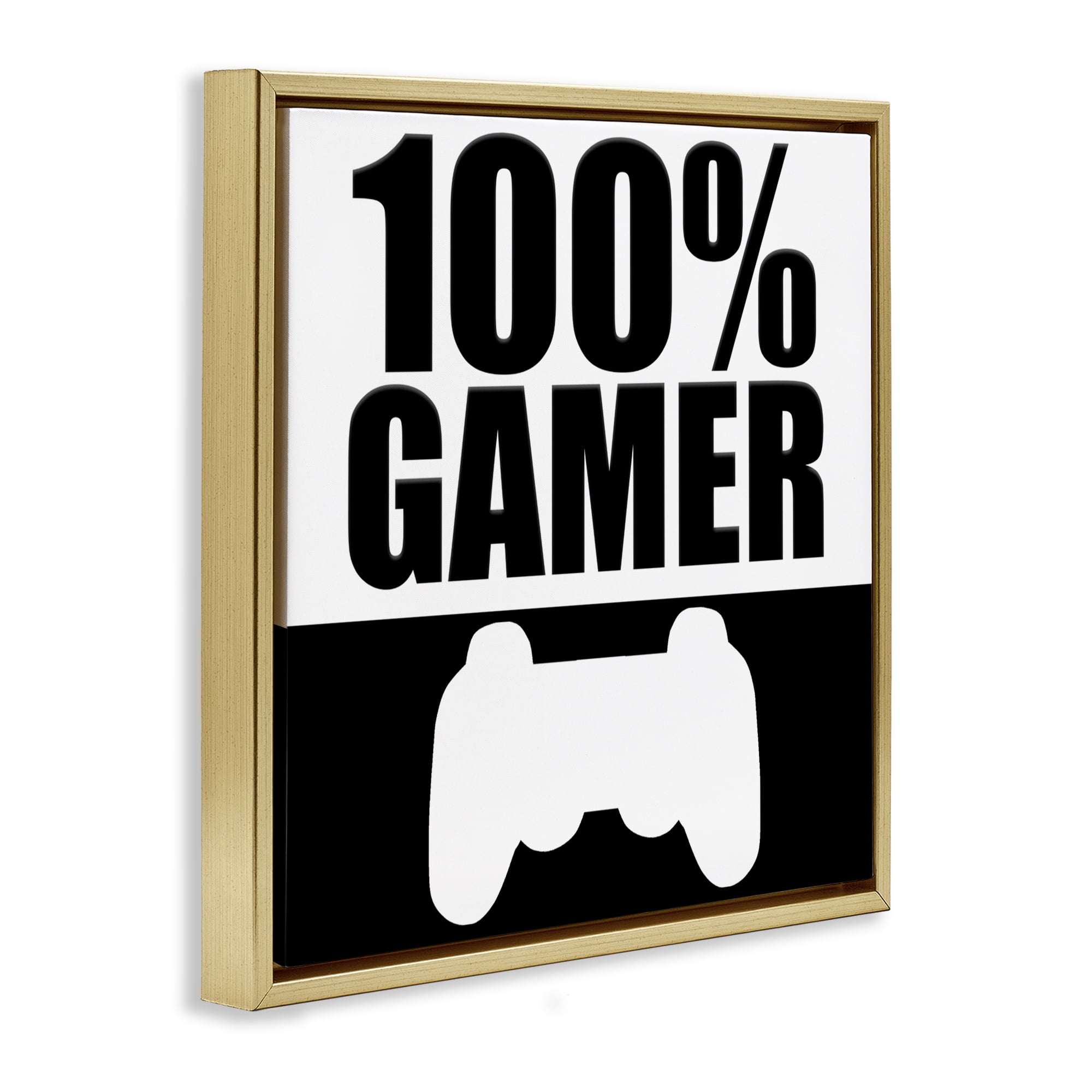 100% Gamer Black & White Gold Framed Floater Canvas Wall Art, design by Kim Allen