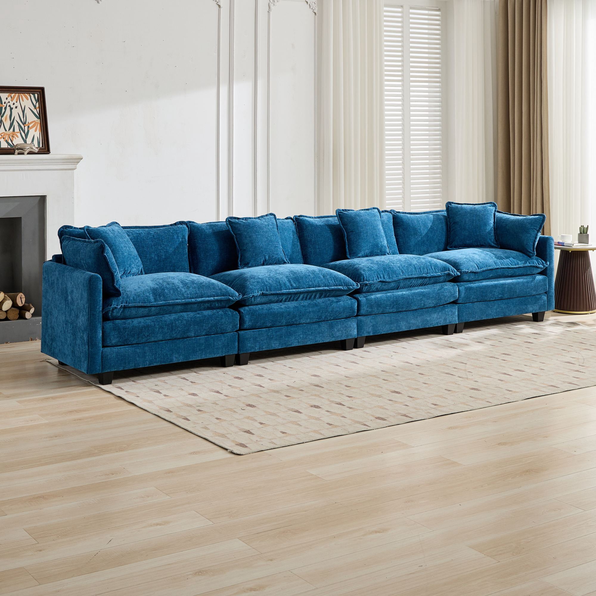 AISWORD 150" Extra Wide Modular Cloud Sofa, 4-Seater Sectional Couch with Double-Layer High-Elastic Sponge, Breathable Chenille Fabric Comfy Upholstered Settee for Living Room