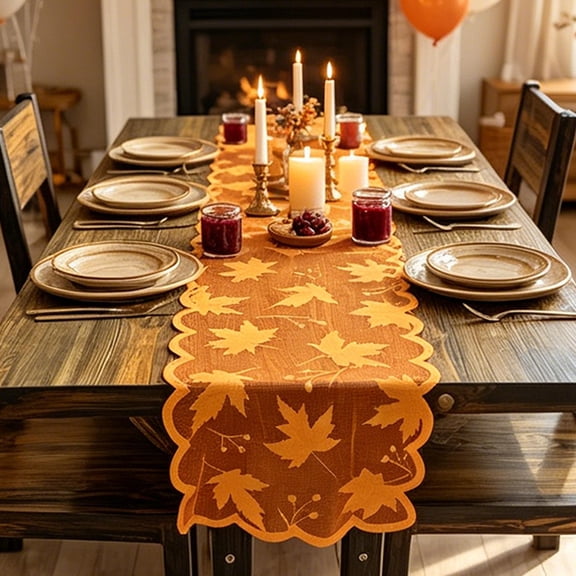 Orange Maple Leaf Lace Table Runner, 73.2 Inch Sheer Mesh Table Linens, Scalloped Border Fall Decor for Thanksgiving Halloween Home Dining Table Decoration