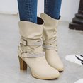 thumbnail image 2 of Xiaoxatg Women's Mid-Calf Boots Short Boots European Thick High Heel Belt Buckle Stylish and Comfortable Footwear for Ladies 8.5 Beige, 2 of 5
