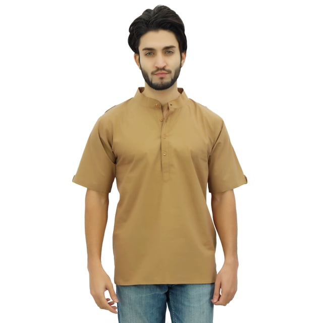 Atasi Kurta Court en Coton à Col Mandarin pour Homme, Chemise Ethnique Décontractée - Grand