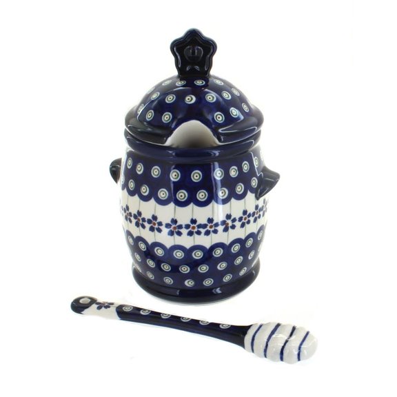 Blue Rose Polish Pottery Flowering Peacock Honey Pot and Dipper
