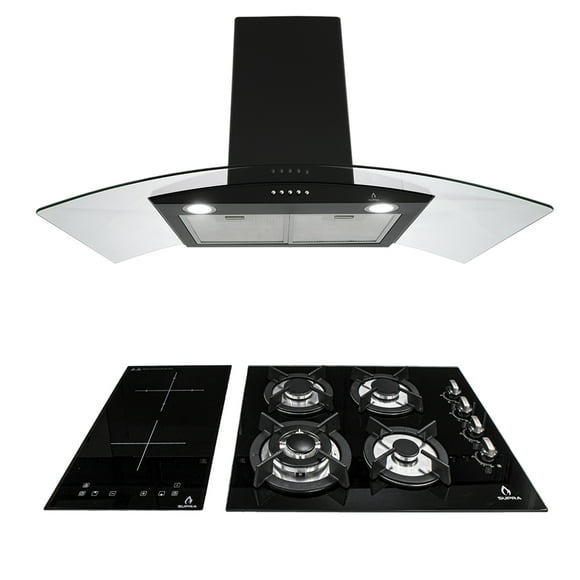 Tricombo para cocina Supra en color negro, campana de pared, parrilla de gas y parrilla de inducción magnética Supra Tricombo para cocina con campana de pared