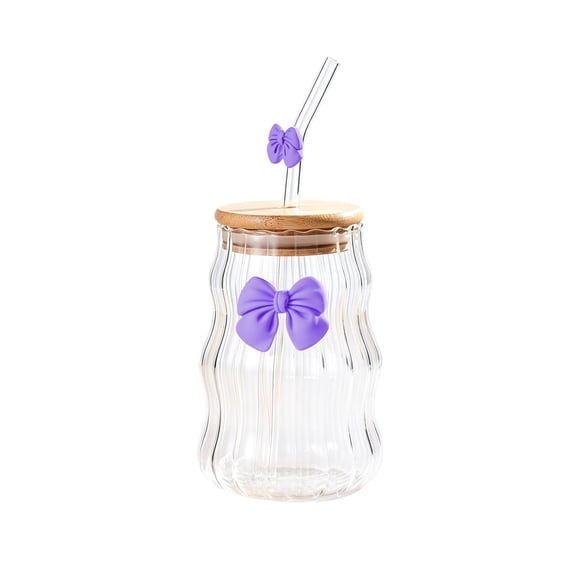 450ml Butterfly Decor Glass Drinking Cup With Lid And Straw,Princess Style Glass Cups, High Borosilicate Glass with Lid & Straw,Glass Tumbler With Handle for Home Or Office Use-(Purple)