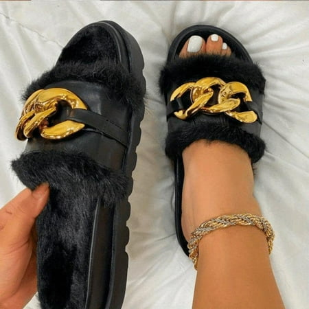 

HOLEX 2024 Women s Metallic Chain Decor Slippers Slip On Open Toe Home Thick Soft Sole Fluffy Slides Shoes Cozy Plush Fuzzy Shoes