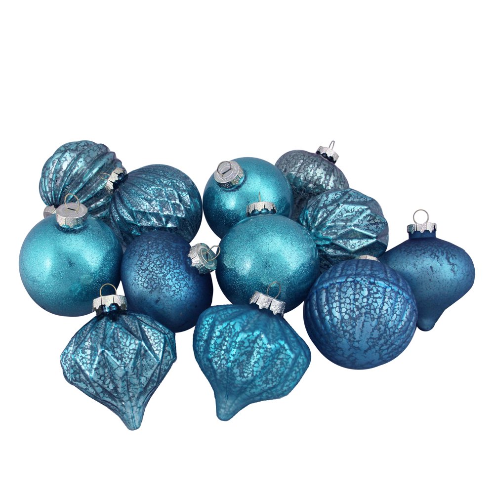 12ct Teal Blue 3Finish Christmas Ornaments 3.75" (95mm)
