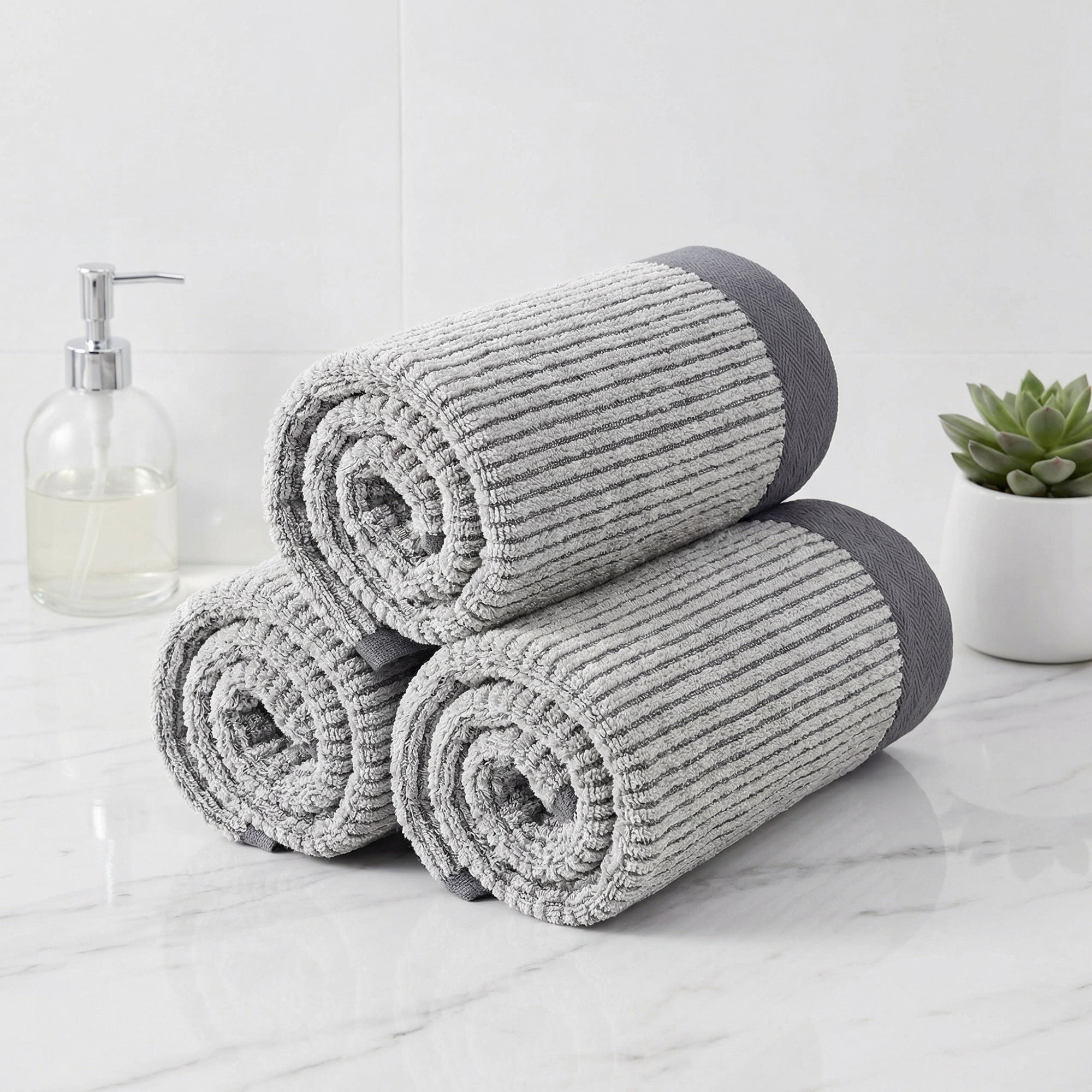 Unique Bargains Cotton Striped Hand Towel for Bathroom Kitchen Gym Grey 4pcs 29" x 13"