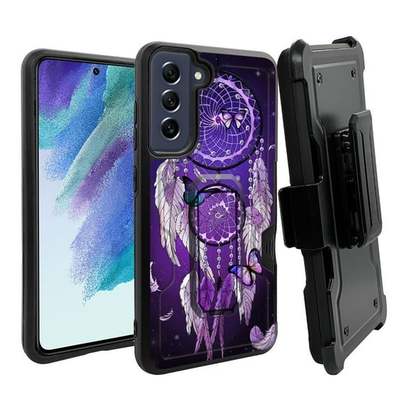 ANJ  Rugged Dual Layer Shockproof Holster Case w/Card Slot, Kickstand   Tempered Glass for Samsung Galaxy S21 FE 5G - Purple Dreamcatcher