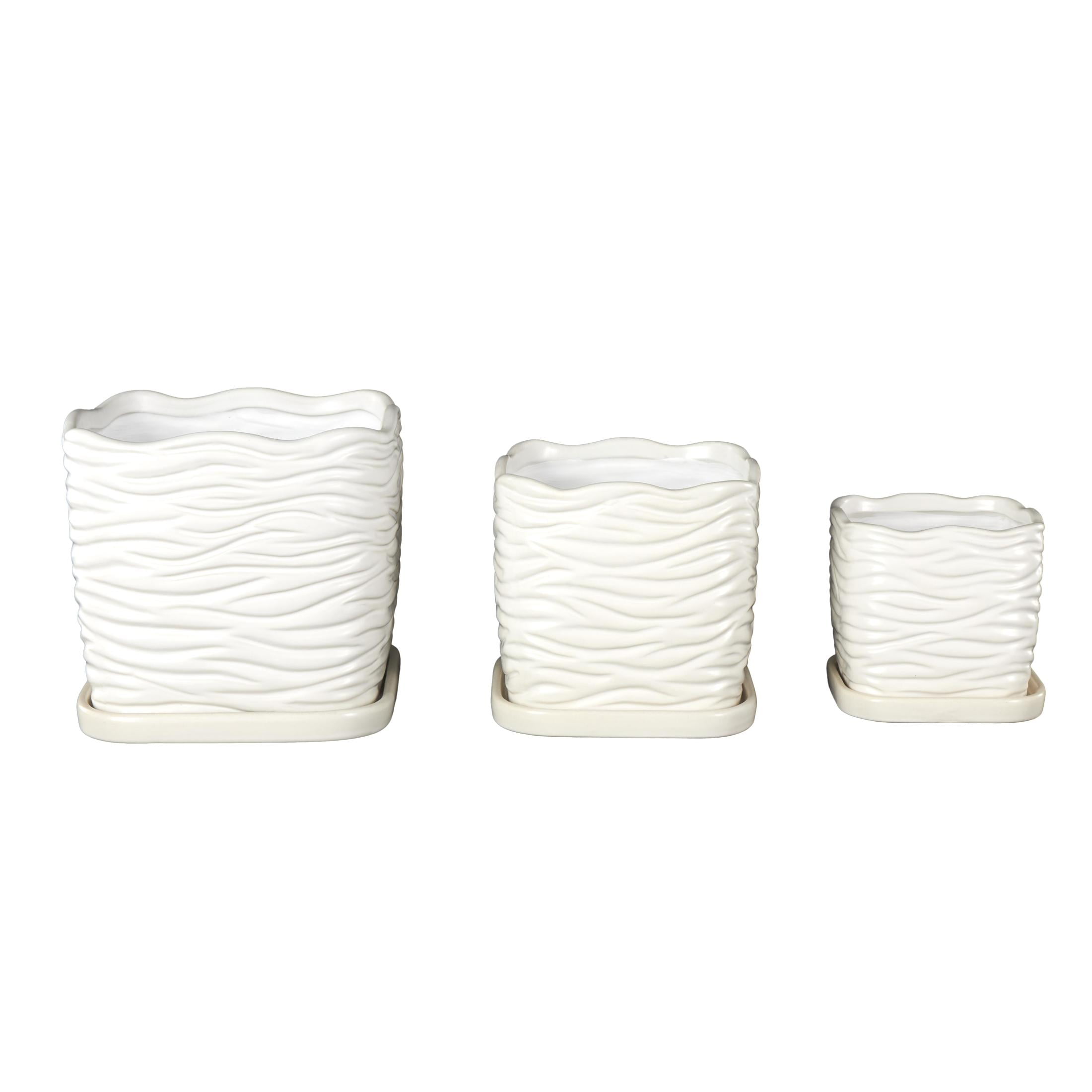 DecMode 7",6",5"H Wavy Ribbed White Ceramic Planter with Attached Saucer (3 Count)