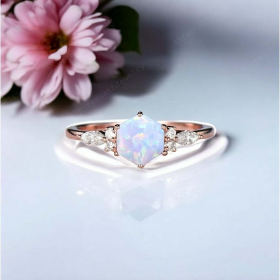 SHREENATHJEWELRY 7MM / 1.5CT Hexagon Cut Opal Engagement Ring CZ Diamond Promise Ring October Birthstone Women Jewelry Fire Opal Gemstone Gift Ring