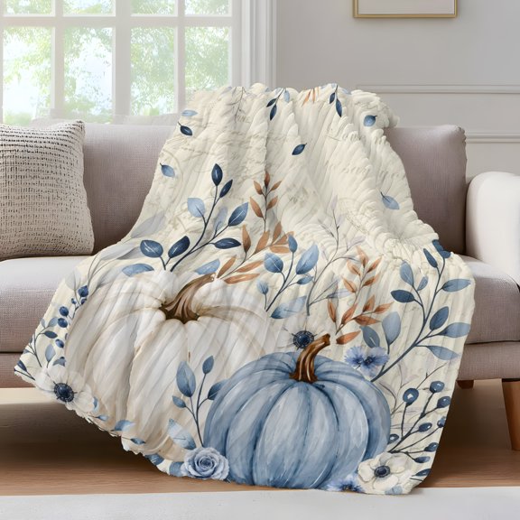 Blue White Pumpkins Fall Fleece Throw Blanket for Couch, Thanksgiving Eucalyptus Leaves Autumn Microfiber Flannel Blanket, Lightweight Soft Throw Blankets for Gifts, Home Decor, 32"x47"