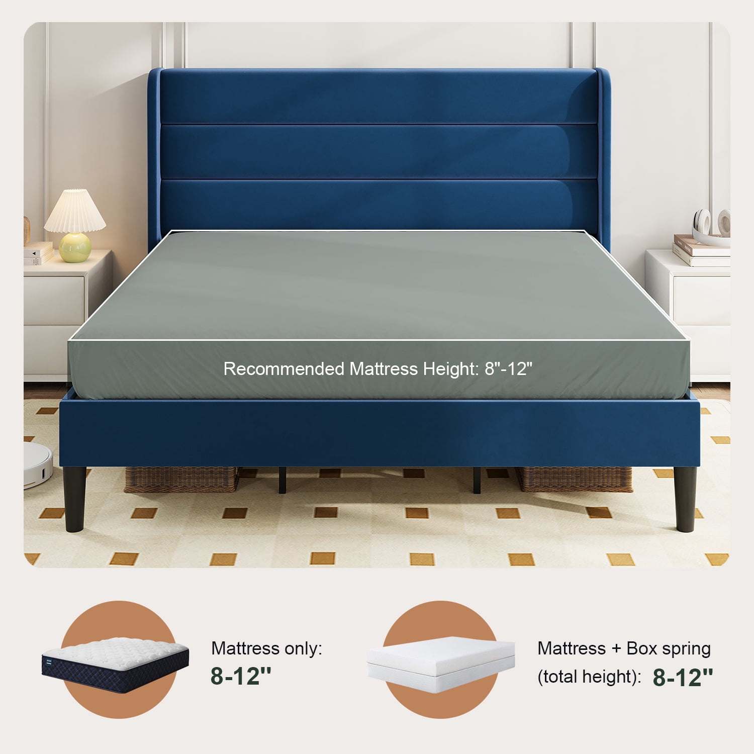 Amolife King Size Platform Bed Frame with Velvet Upholstered Wingback Headboard, No Box Spring Needed, Dark Blue