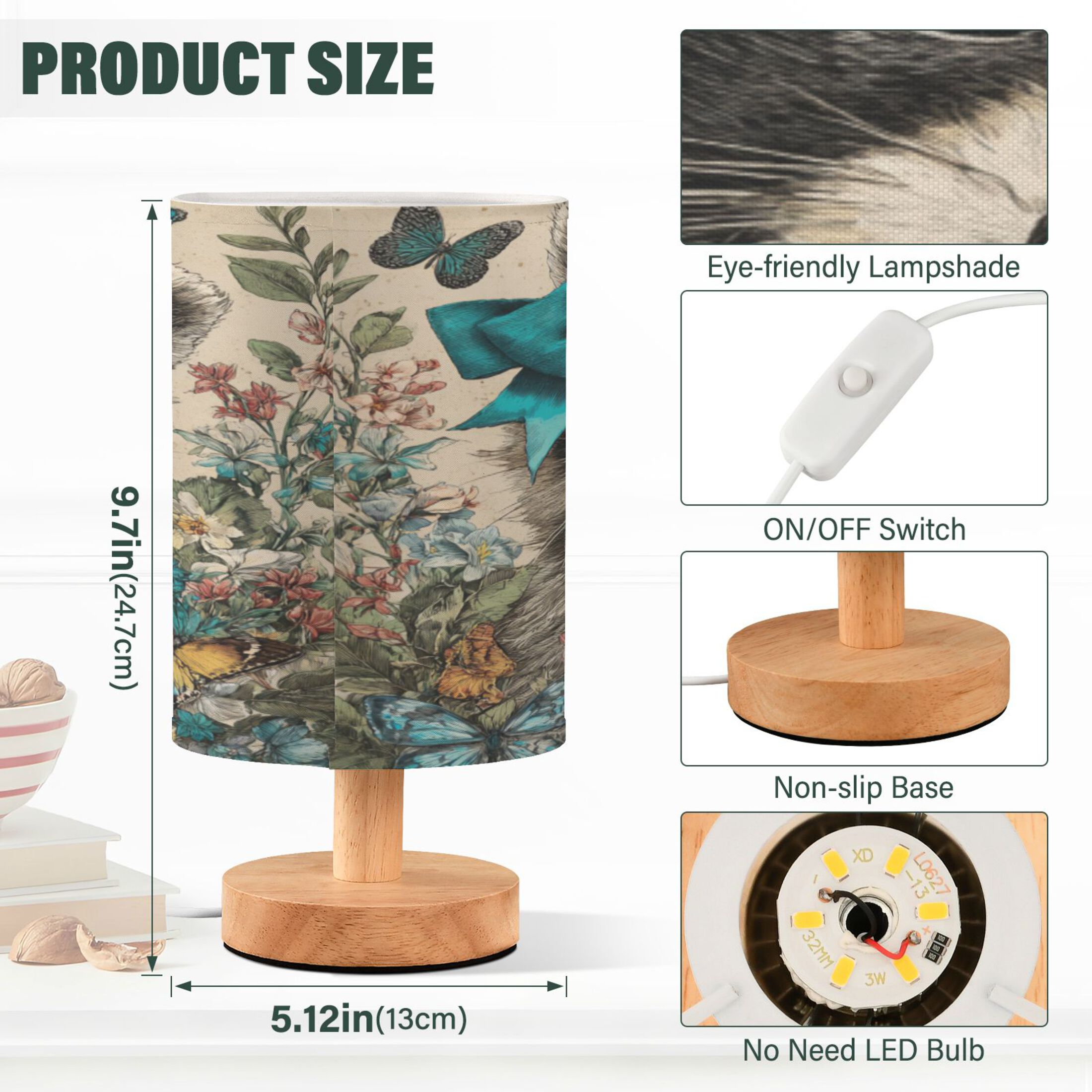 RMDQTR LED Push-Button Switch Warm-Tone Desk Lamp Plug-and-Play No Assembly Required Raccoon with A Blue Bow