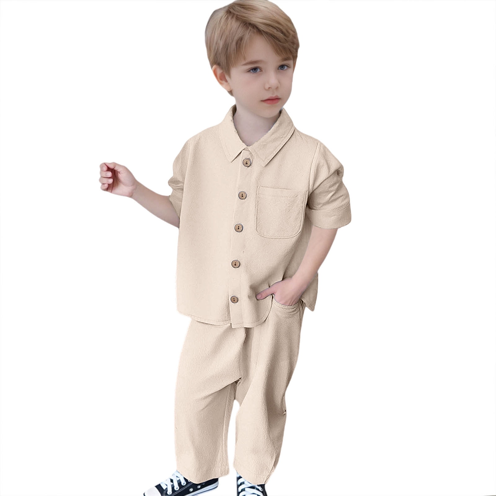 Tenue Nouveau-Né Enfants Tout-Petits Garçons Été Couleur Unie Lin - Main Image