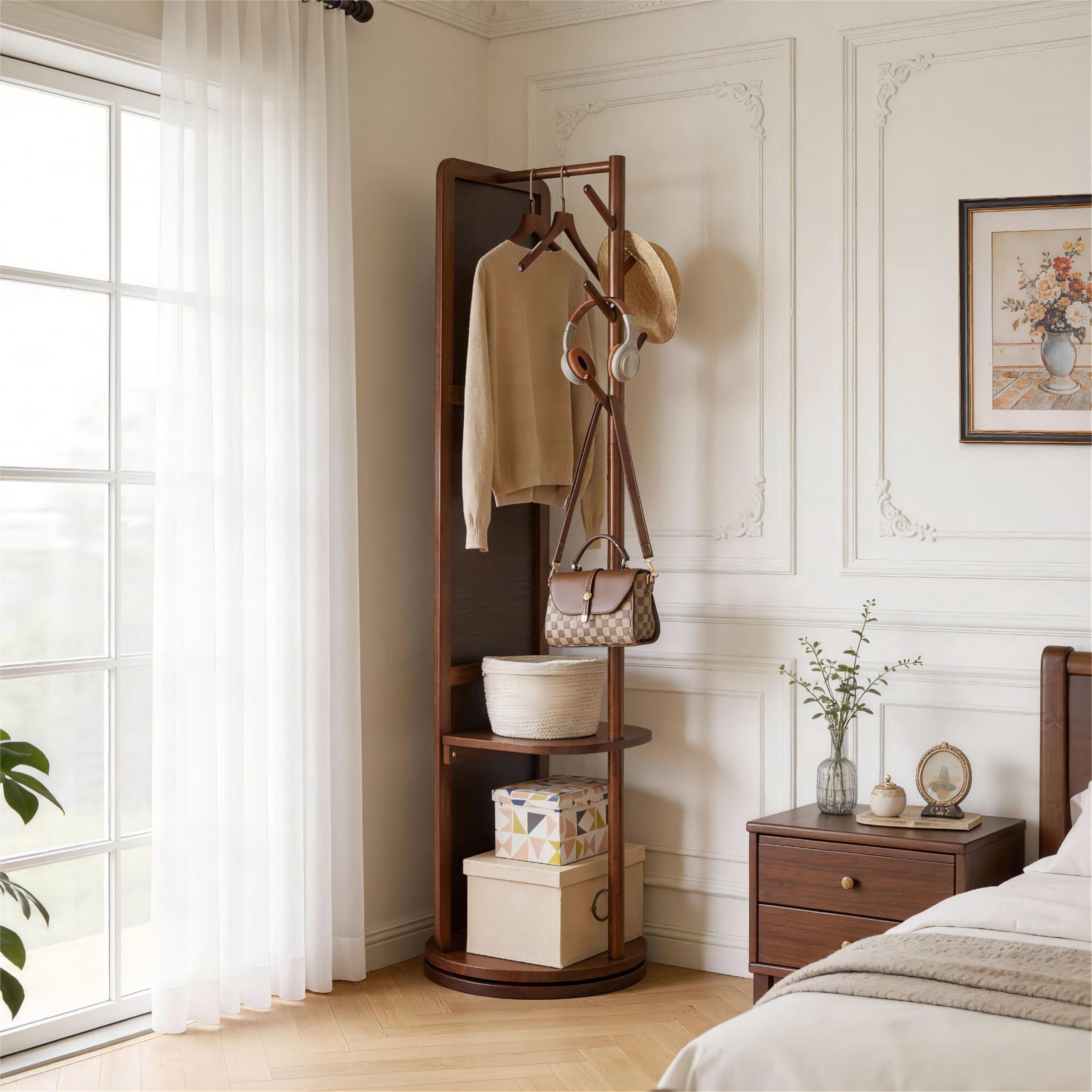 Noble House 68.9"x18.9" Full Length Mirror with Stand, Solid Wood Swivel Floor Mirror Coat Rack, Walnut