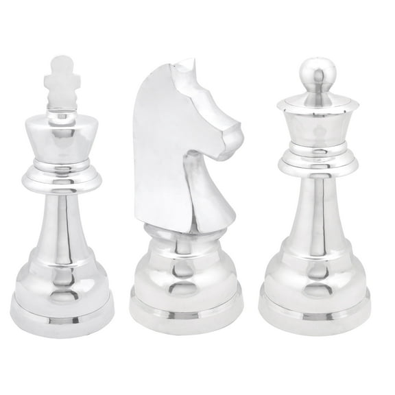 4"W, 9"H Silver Aluminum Metal Chess Sculpture with Knight, Queen and King, by CosmoLiving by Cosmopolitan (3 Count)