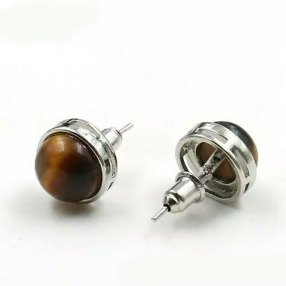 K-KED Round Fire Natural Tiger's Eye Gemstone Silver Stud Hook Earrings Women New