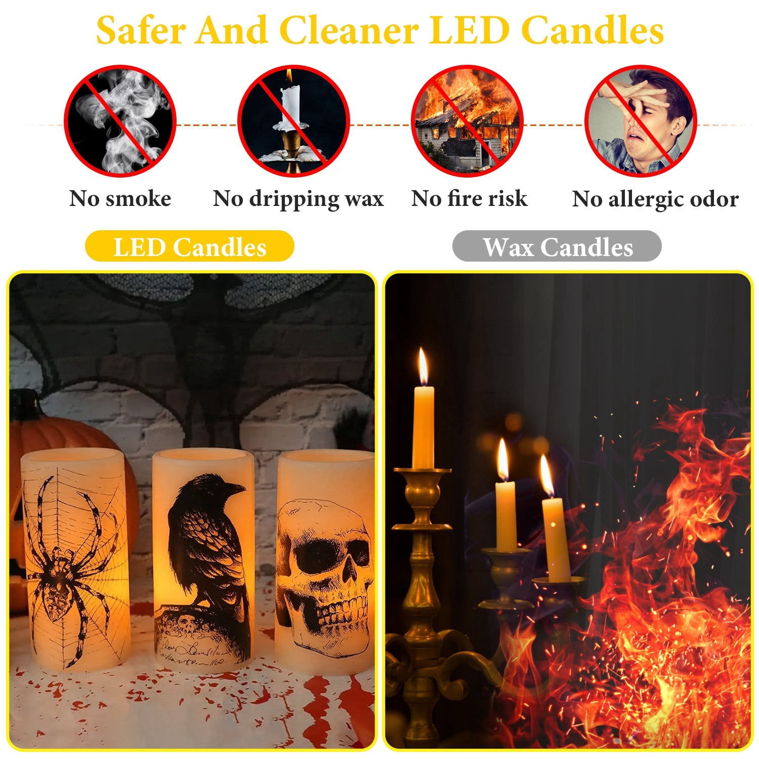 3Pcs Halloween Candle Lamp Set Timer Battery-Operated Warm Light for Party Decor