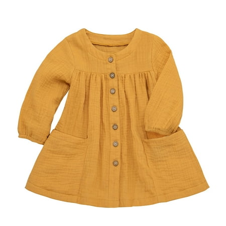 

DNDKILG Baby Toddler Girls Dresses Ruffle Sundress Long Sleeve Spring Dress Yellow 1Y-6Y 90