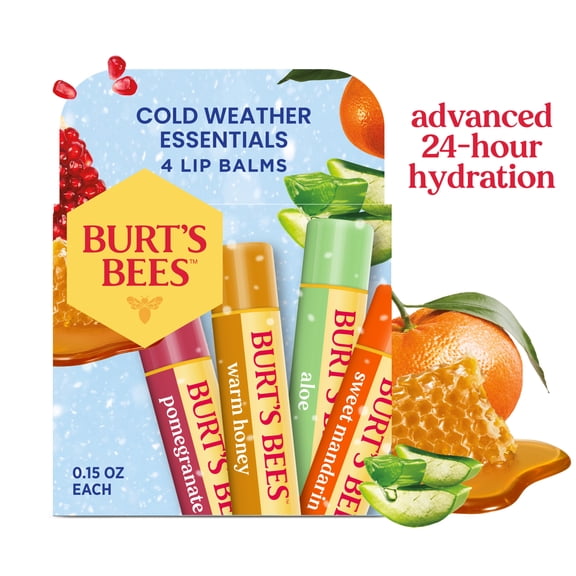 Burt's Bees Cold Weather Essentials 24-Hour Hydrating Natural Lip Balm Value Pack, Walmart Exclusive, 4 Pack