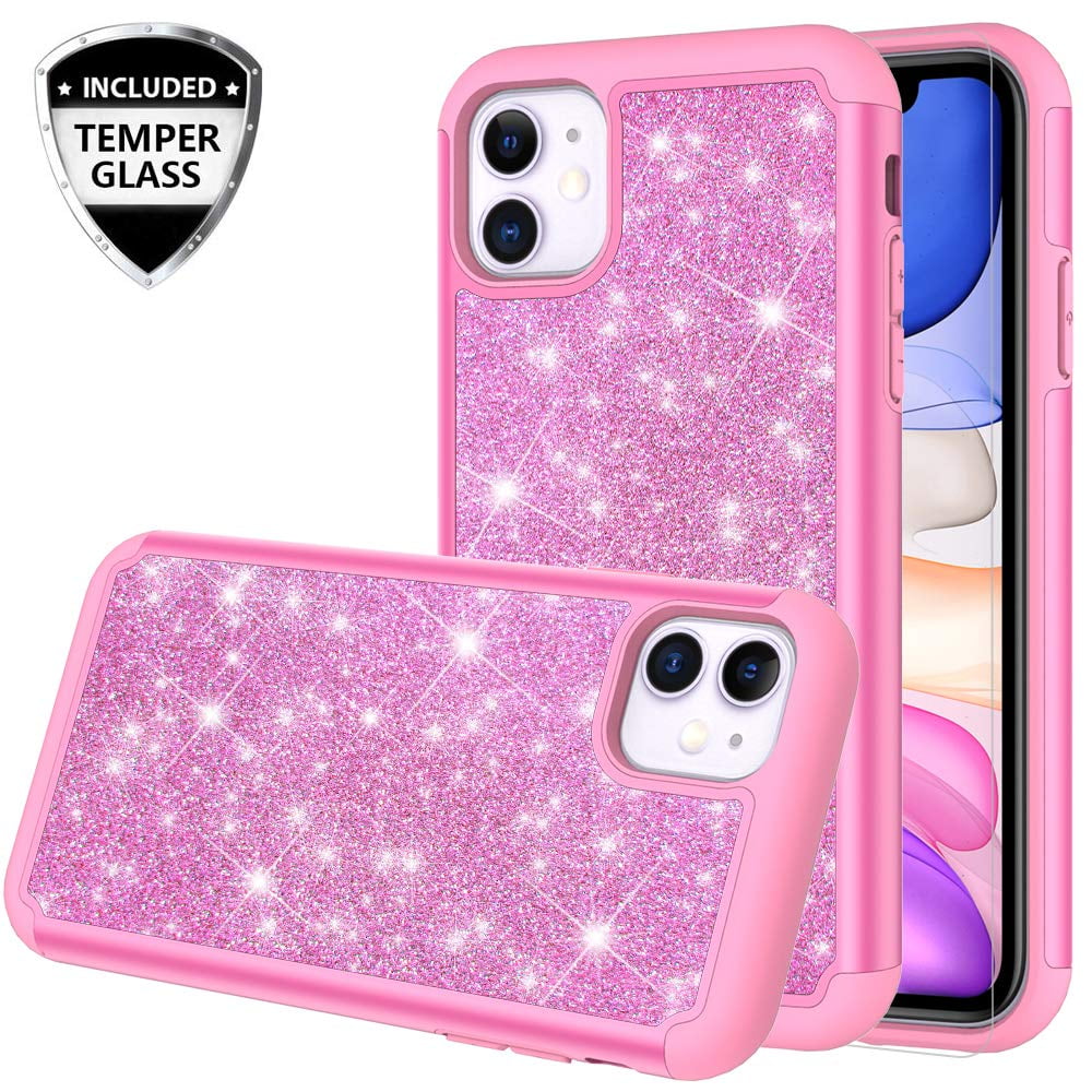 Apple Iphone 11 Case Cute Girls Women W Tempered Glass Screen Protector Heavy Duty Protective Phone Cover Case For Iphone 11 Glitter Hot Pink Walmart Com Walmart Com