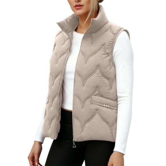 Fall/Winter Saving! srobpty Women's Sleeveless Puffer Jacket, Women's Solid Color Stand-Up Collar Outerwear Zippered Double Pocket Sleeveless Hoodless Parkas Gray, XXXXL