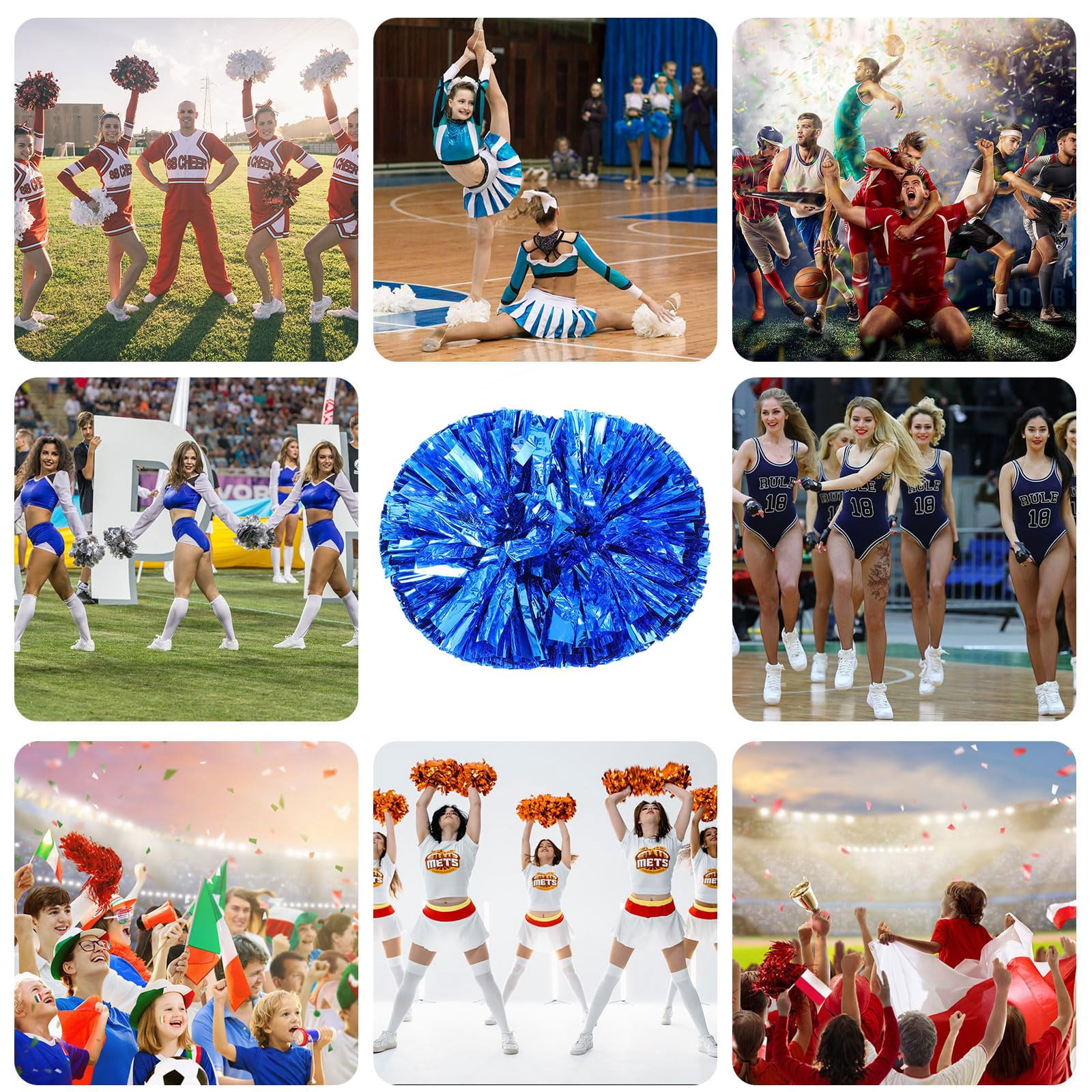 Pom Poms Cheer 12 Pcs with Handle, Cheerleading Handheld Squad Pompoms for Sports Team Spirit Games Dance Party Adults