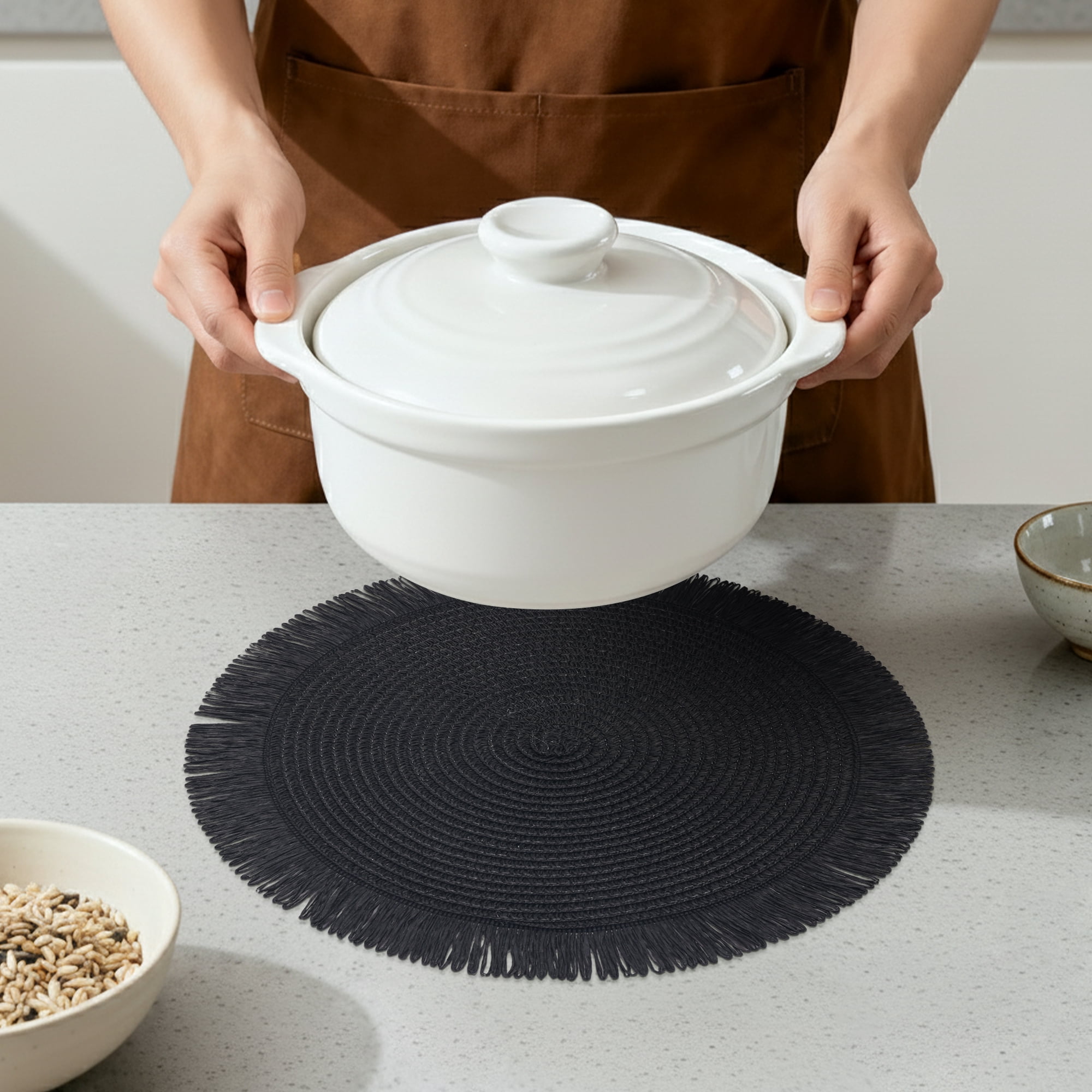 Unique Bargains Rustic Woven Round Placemats 6pcs Black 15"x15"