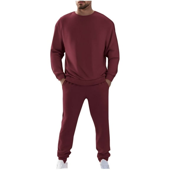 2PC Fleece Lined Sweatsuit for Men Long Sleeve Crewneck Sweatshirt Elastic Waist Cuffed Joggers Activewear Set with Pockets Wine XL