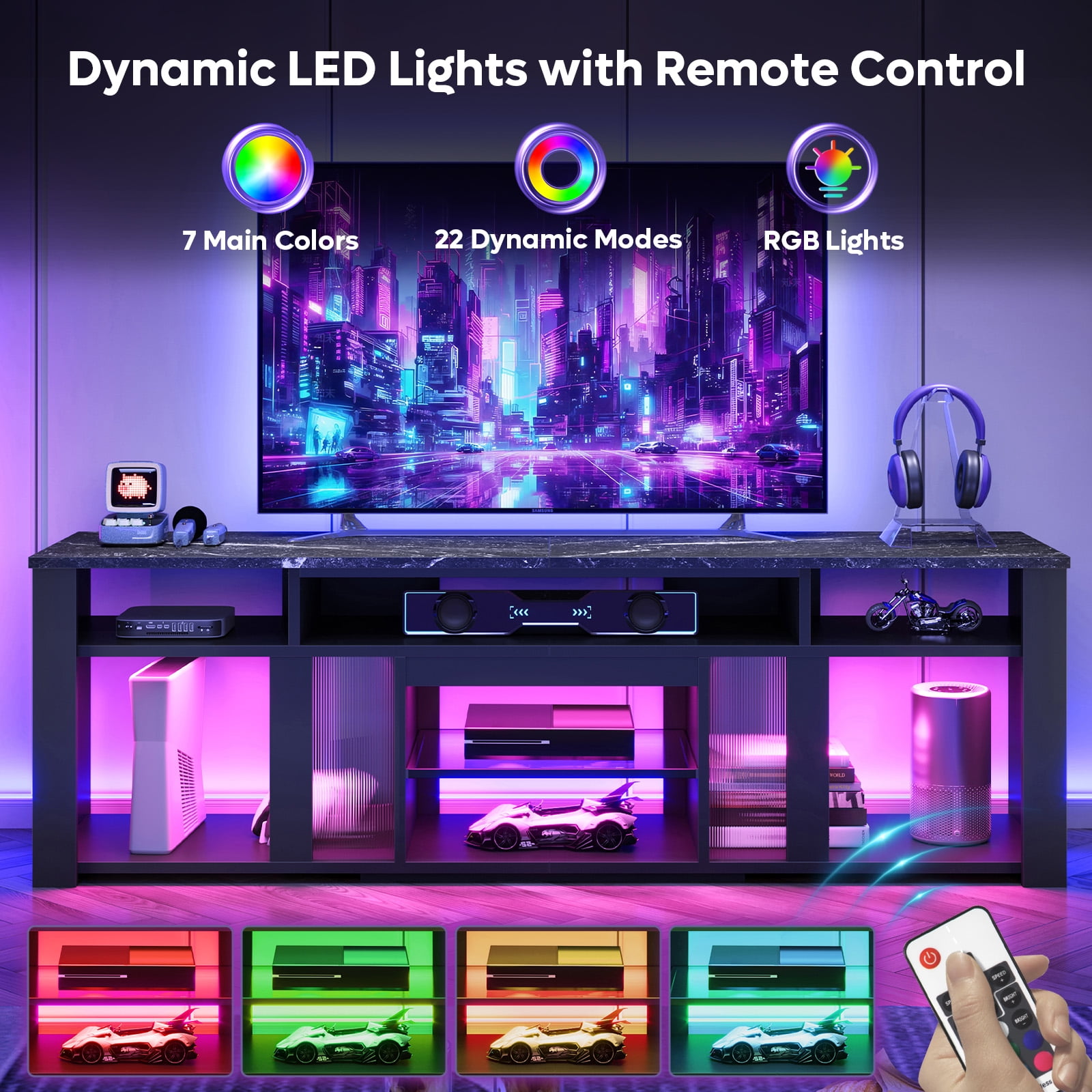 Bestier TV Stand for TVs Up to 85",Modern Entertainment Center for Living Room/Gaming Room,with Deep Storage Cabinet & Adjustable Shelves, Dynamic LED Lights,Black