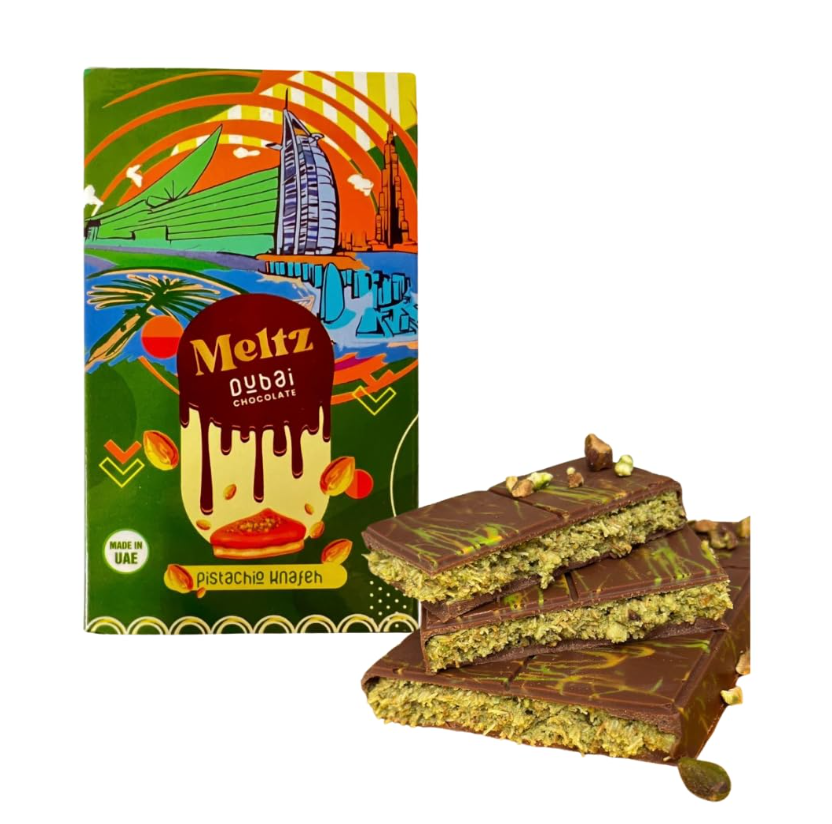 菓子 Cocoa Melts Pistachio Kunafa Chocolate Kunafa Malakiya Chocolate - Order Dubai's Viral Kunafa