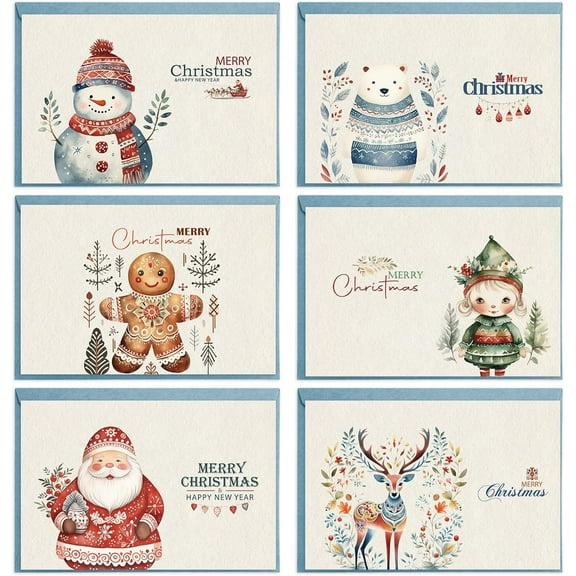 "Recycled Christmas Cards Scandinavian Holiday Greeting Cards with Envelopes Eco Santa Snowman Elk Merry Christmas Blank Note Cards