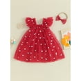 thumbnail image 2 of FEORJGP Infant Baby Girl Valentine's Day Jumpsuit Toddlers Fly Sleeve Bodysuit Dress Heart Print Tulle Mesh Dress Romper with Bow Headband Little Girl Casual Cute Clothes Set for Party, 2 of 9