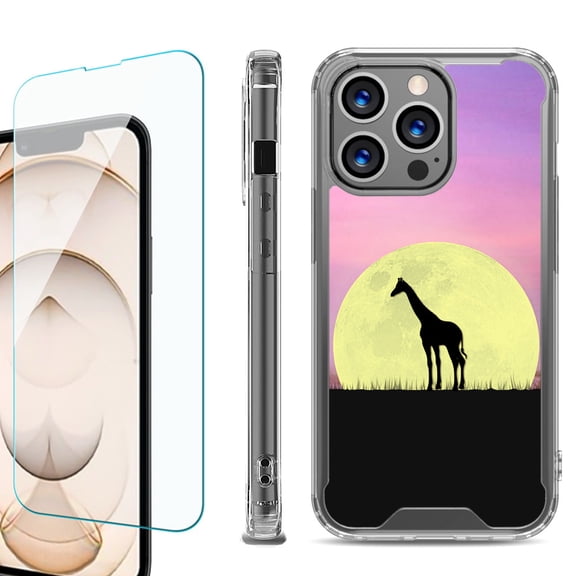 Shockproof Bumper Phone Case for iPhone 13 Pro Max, with Tempered Glass Screen Protector, by OneToughShield ® - Moonlight Giraffe