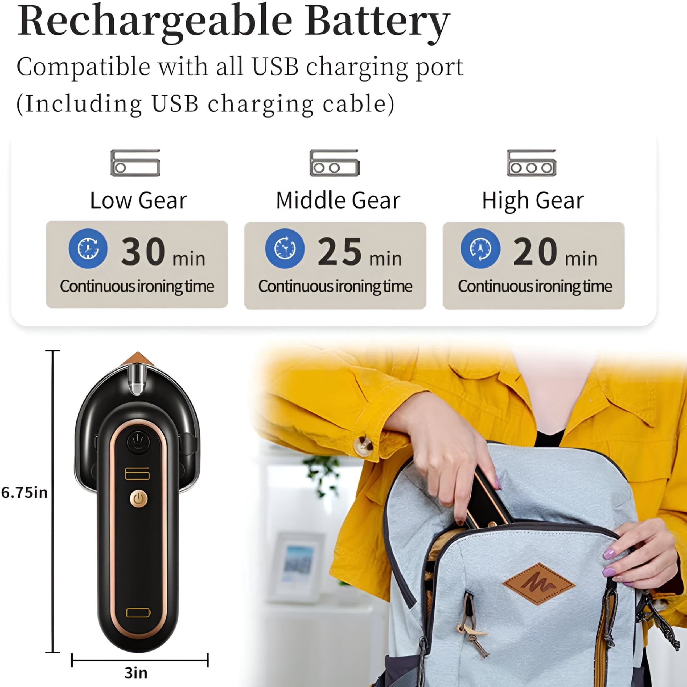 CURYMAY Cordless Mini Iron for Clothes,Portable Travel Iron Support Dry Wet Ironing,Usb Rechargeable Steam Iron Handheld Ironing Machine with 3 Temperature Settings,Wireless Small Sewing Iron Black