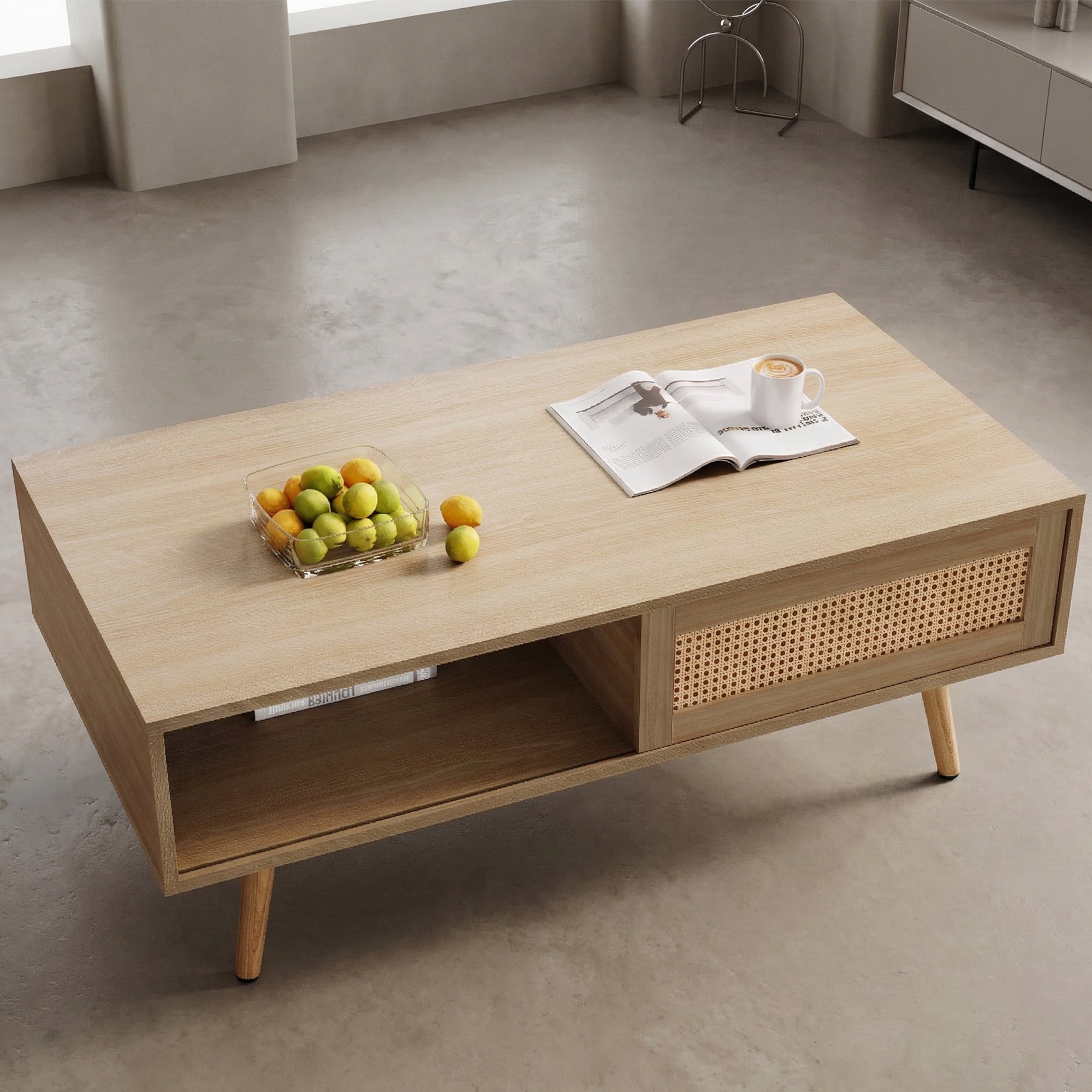 Leumius Modern Coffee Table with Storage,41.3 Inch Rectangle Wooden Accent Center Tables with Sliding PE Rattan Woven Door Panel and Solid Wood Legs, Suitable for Living Room, Apartment,Natural