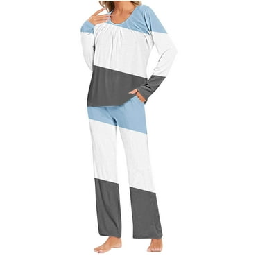 Annhoo Fall Pajama Sets for Women Trendy Color Block Loungewear Long Sleeve Crewneck Pleated Sleepwear 2 Piece Outfits