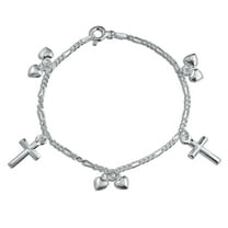 Bling Jewelry Womens Religious Dangling Hearts Cross Charm Bracelet Sterling Silver 6" Small Wrist
