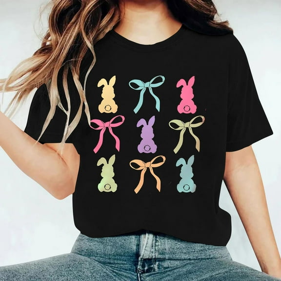 VgaVtl Easter T-Shirts Womens Plus Size Short Sleeve Graphic Tops Women Pullover Leisure Party Relaxed Fit Classic Tops,Black XL